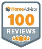 A home advisor 100 reviews badge with three stars.